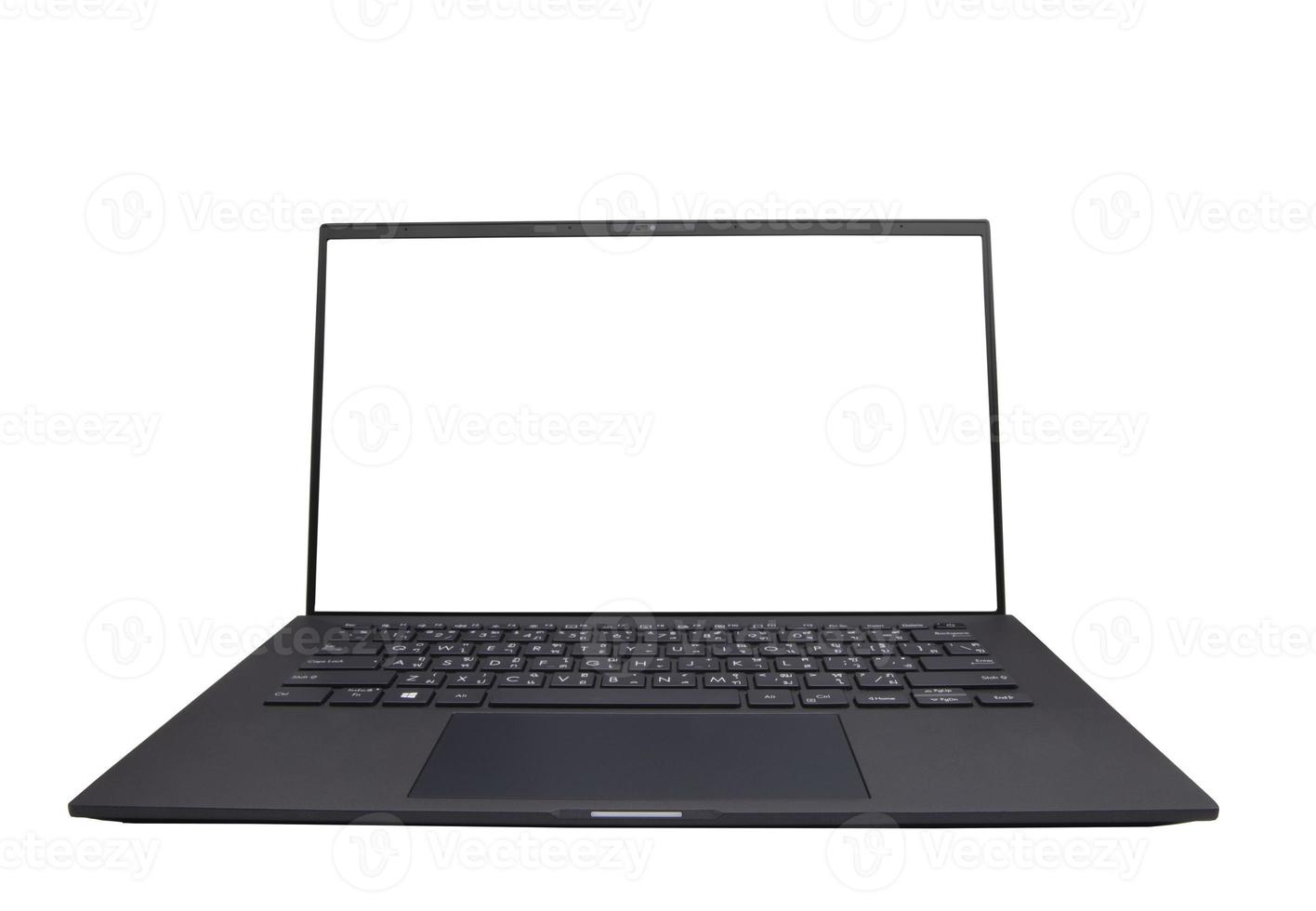 Black laptop with empty screen isolated on white background. photo