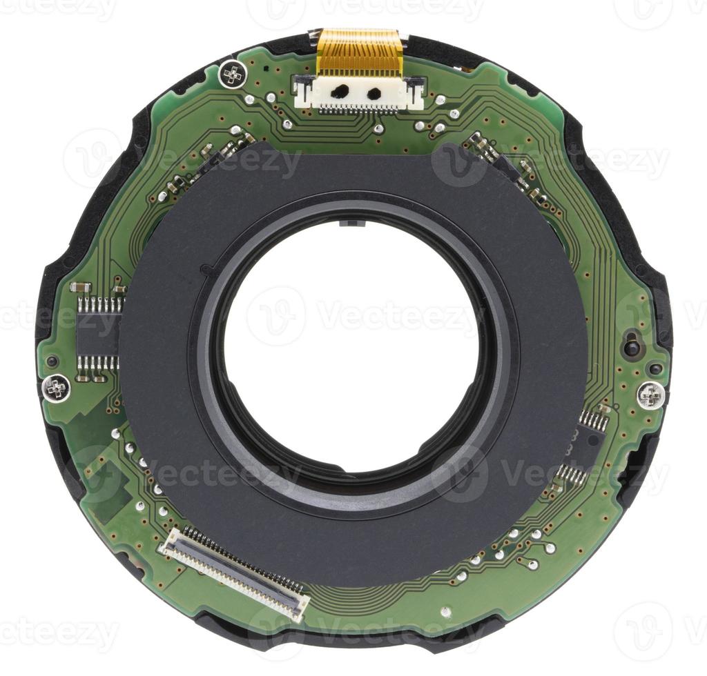 Circuit on ring  of camera lens isolated on white background photo