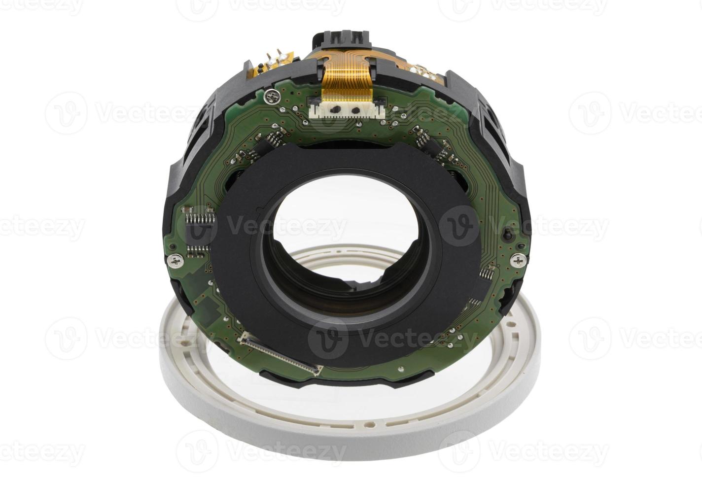 Part of camera lens isolated on white background photo