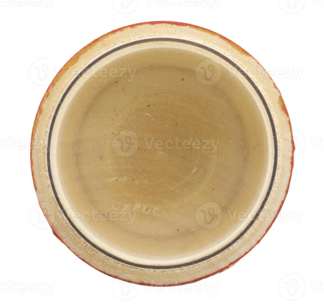 Top view of small wooden bowl isolated on white background photo