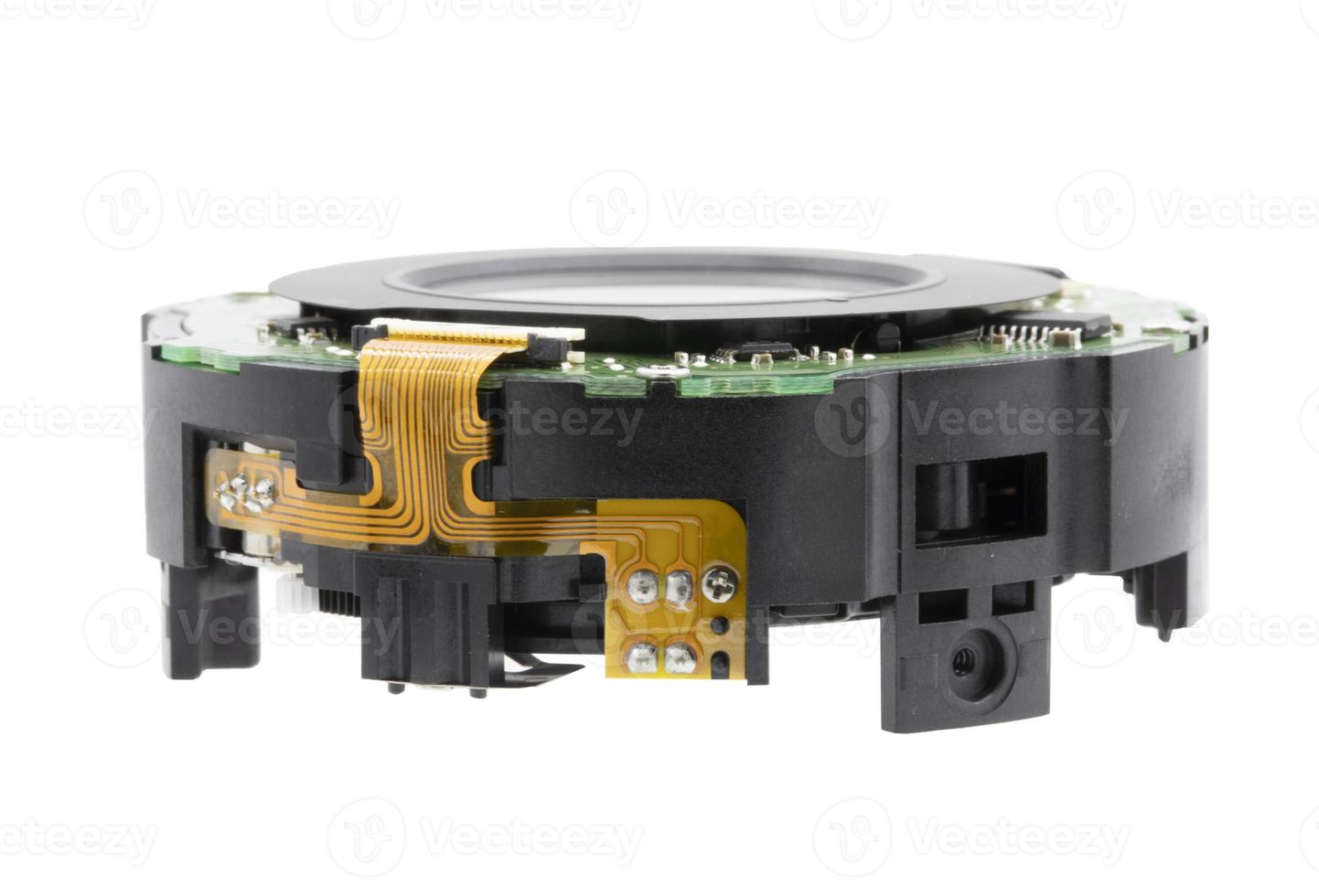 Circuit on ring  of camera lens isolated on white background photo