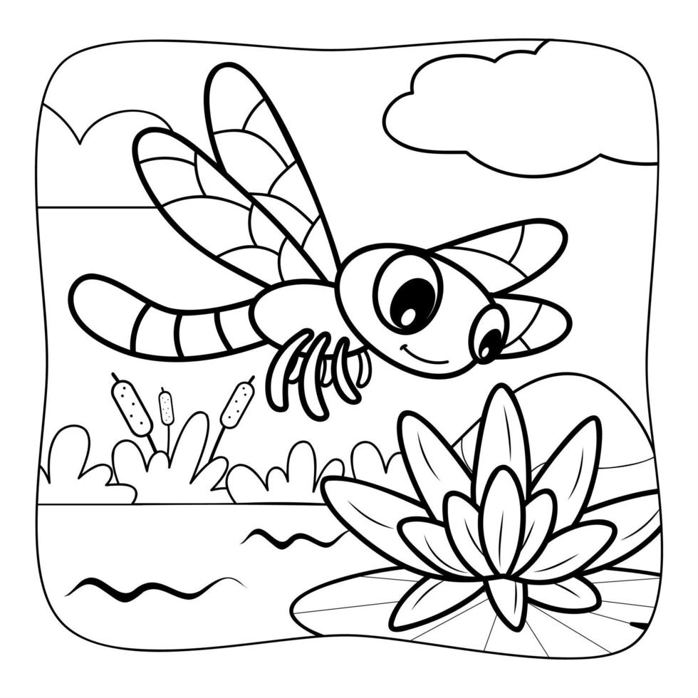 Dragonfly black and white. Coloring book or Coloring page for kids. Nature background vector illustration