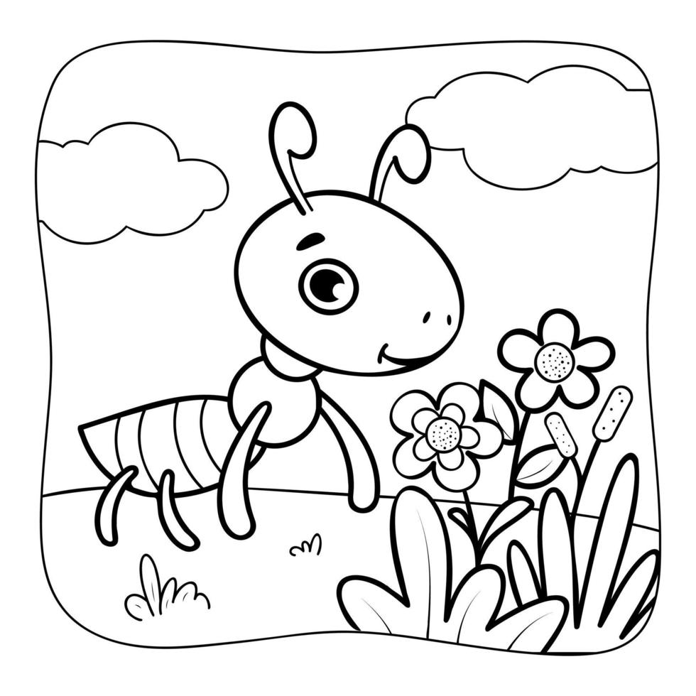 Ant black and white. Coloring book or Coloring page for kids. Nature background vector illustration