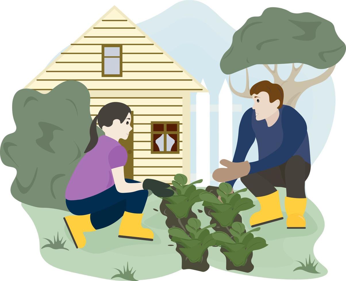 woman and man planting sprouts in the garden vector