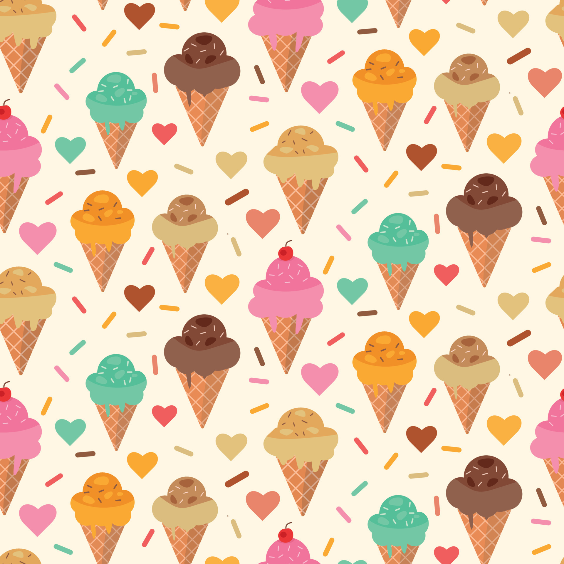 Cute ice cream colorful seamless pattern with hearts and sprinkles ...