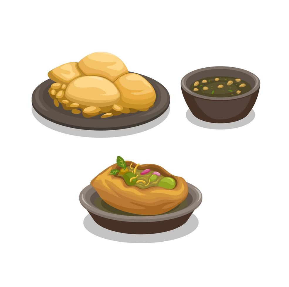 panipuri comida callejera tradicional india es una galleta llena de una mezcla de colección de símbolos de agua con sabor conjunto ilustración vector