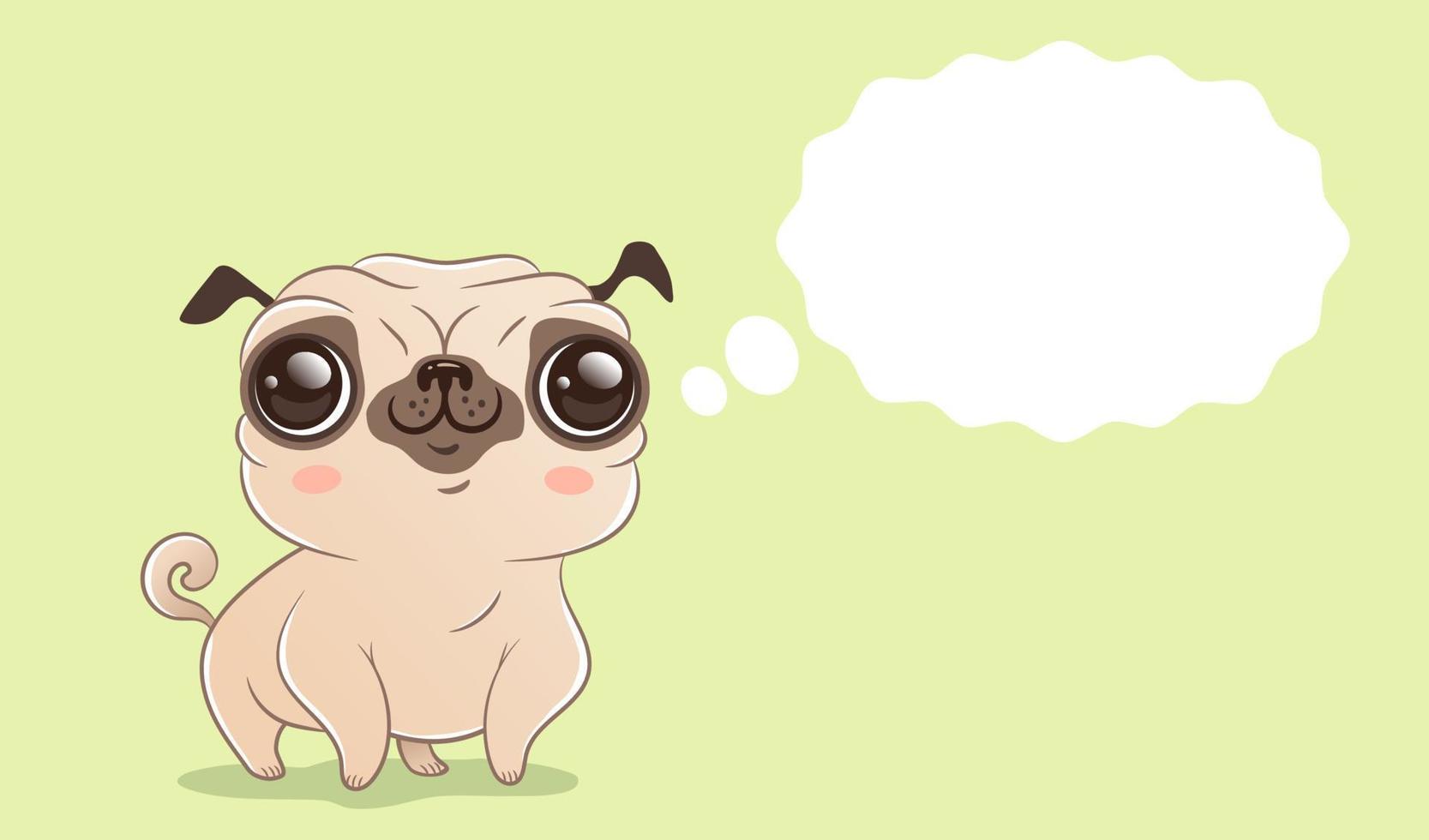 Vector cute pug dog with bubble in kawaii style.