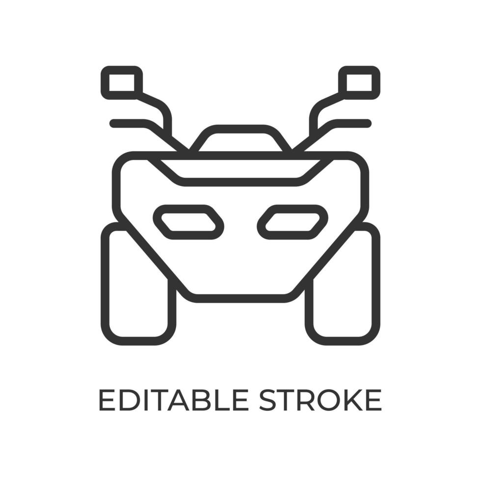 Quad bike front view line icon. ATV ground transport. Used for moving through the forest, countryside and off-road. Isolated vector illustration on a white background. Editable stroke.