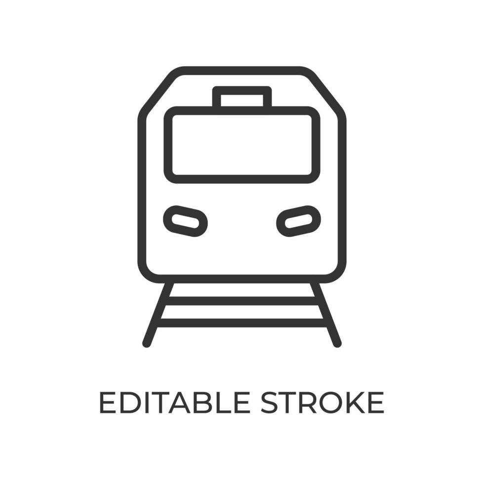 Train front view line icon. Railway transport. Used for passenger and freight traffic. Isolated vector illustration on a white background. Editable stroke.