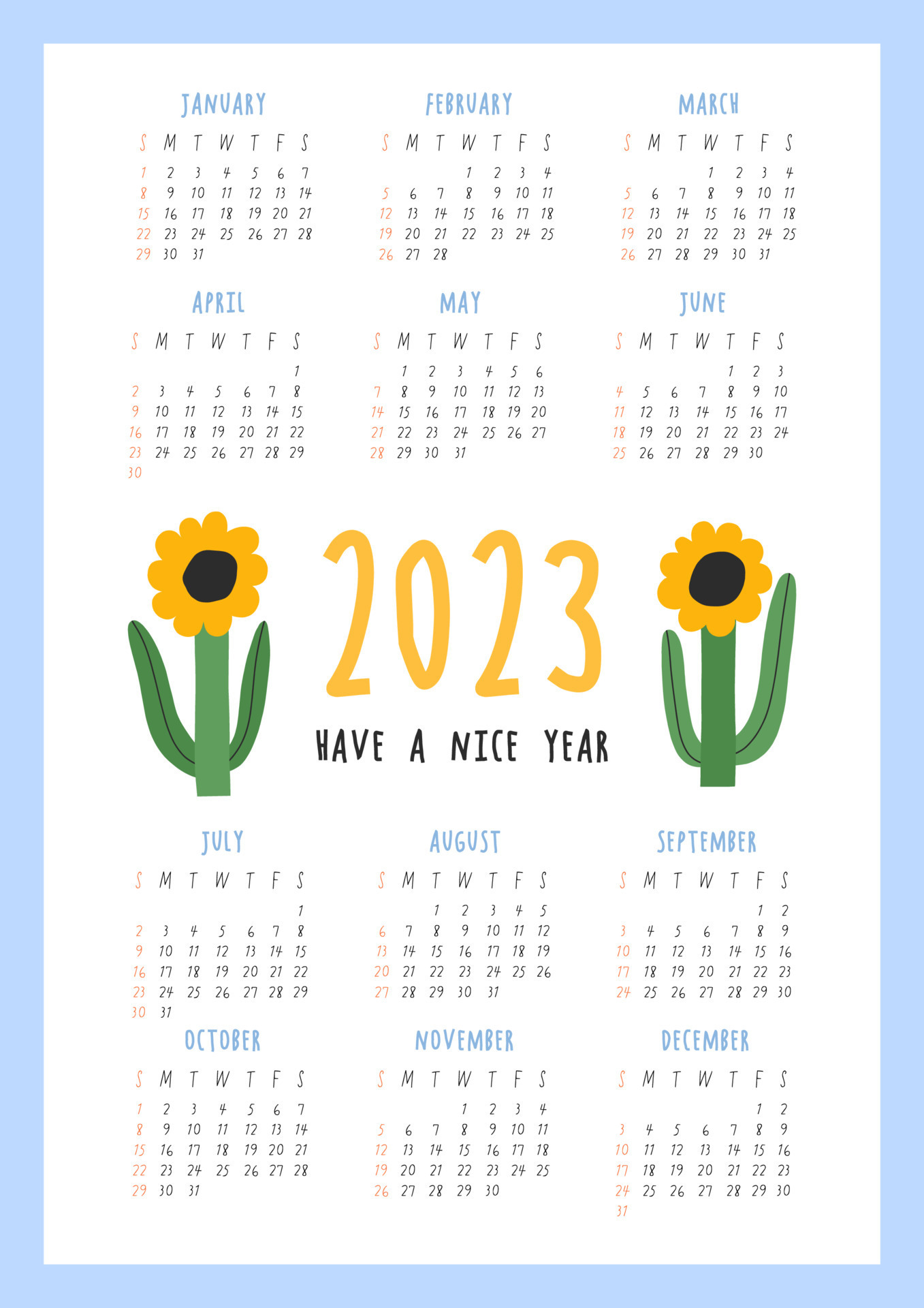 Beautiful Floral Calendar - Have A Nice Year - 2023. Botanical Printable  Vector Template. Monthly Calendar With Hand Drawn Flower For 2023 Year.  Bold Calendar Design 8346449 Vector Art At Vecteezy