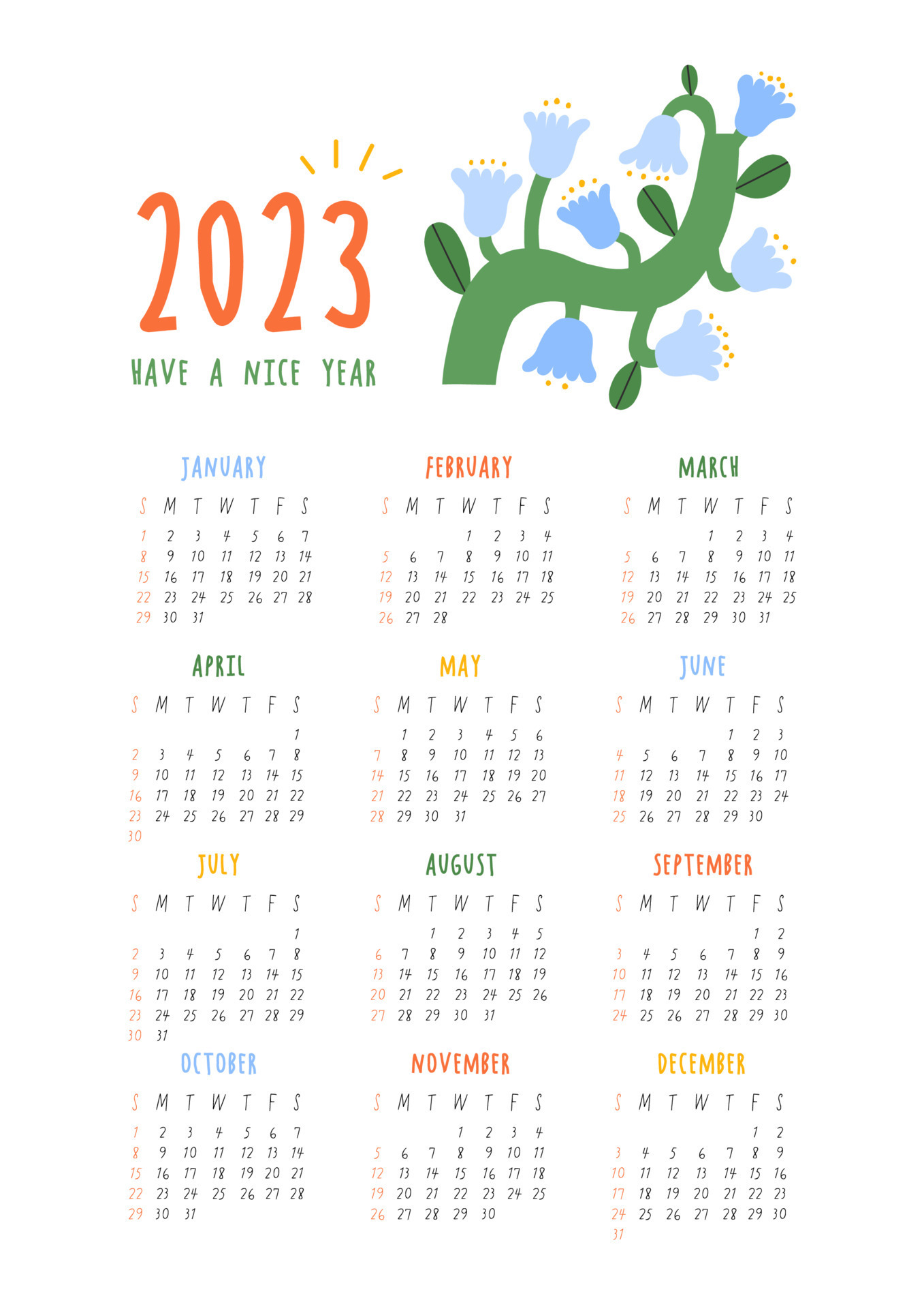 Beautiful Floral Calendar - Have a nice year - 2023. Botanical