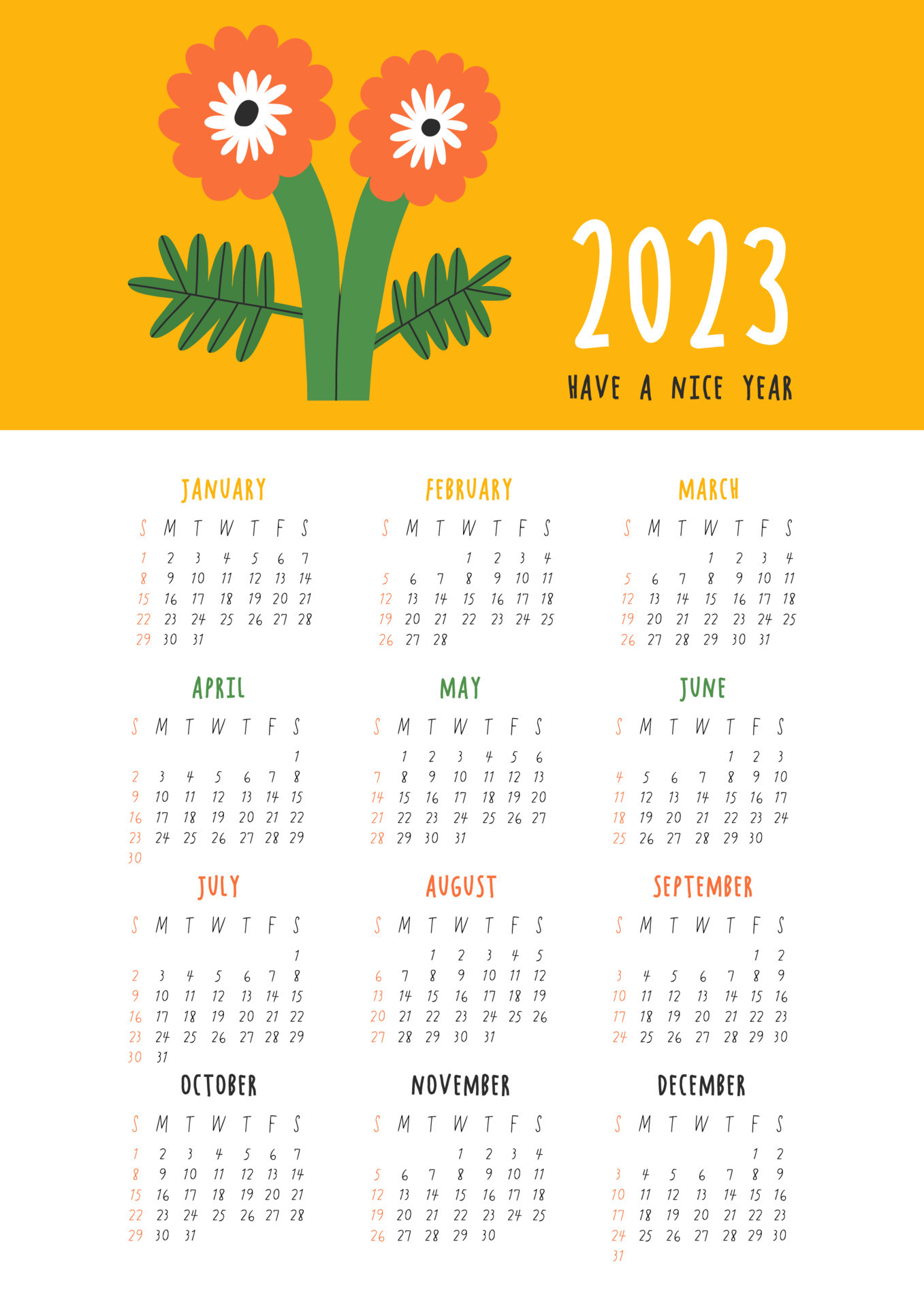 Beautiful Floral Calendar Have A Nice Year 2023 Botanical