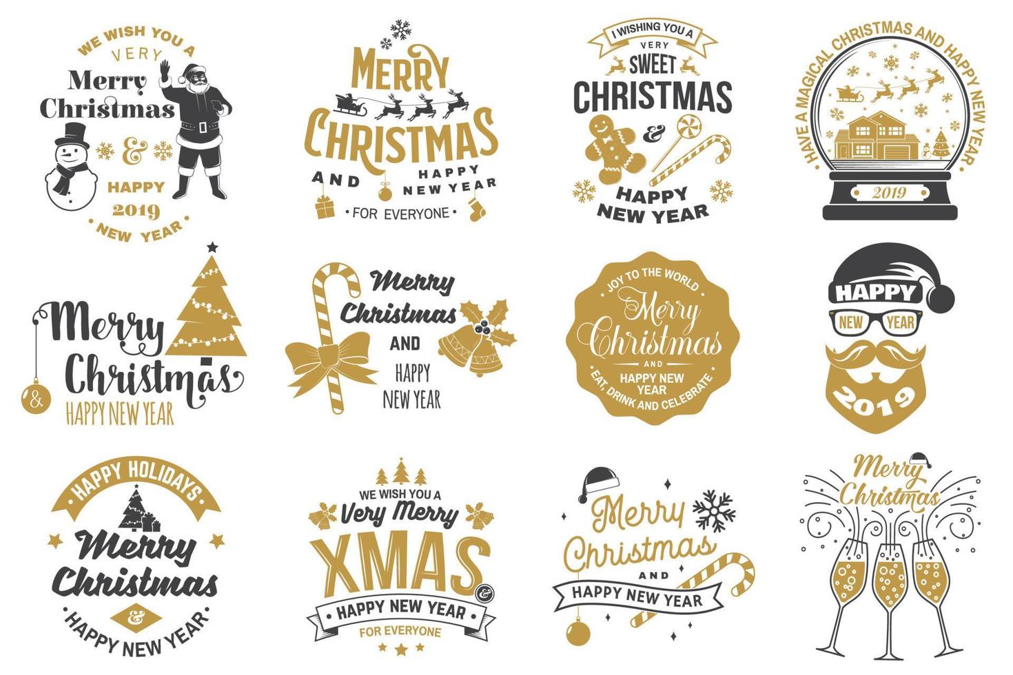 Set of Merry Christmas and Happy New Year stamp, sticker set with snowflakes, hanging christmas ball, santa hat, candy. vector