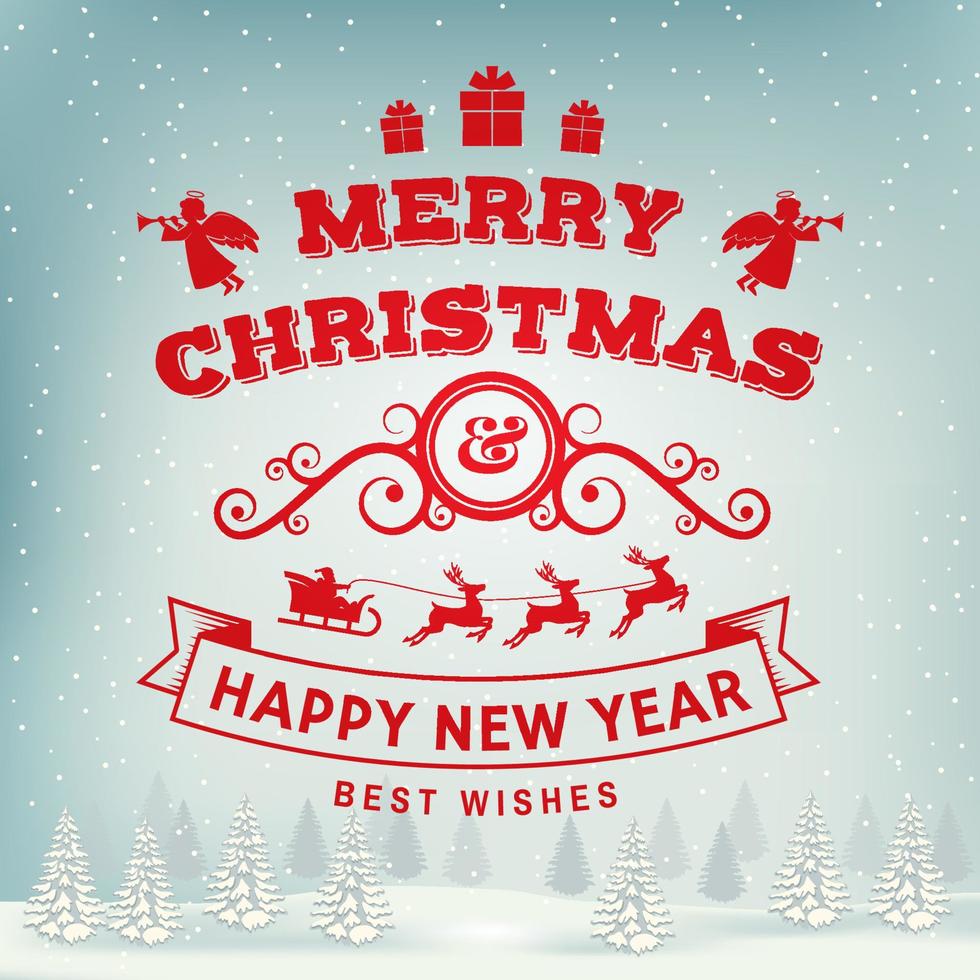 sello de feliz navidad y feliz año nuevo, juego de pegatinas con ángeles, santa claus en trineo con ciervos y regalos de navidad. vector
