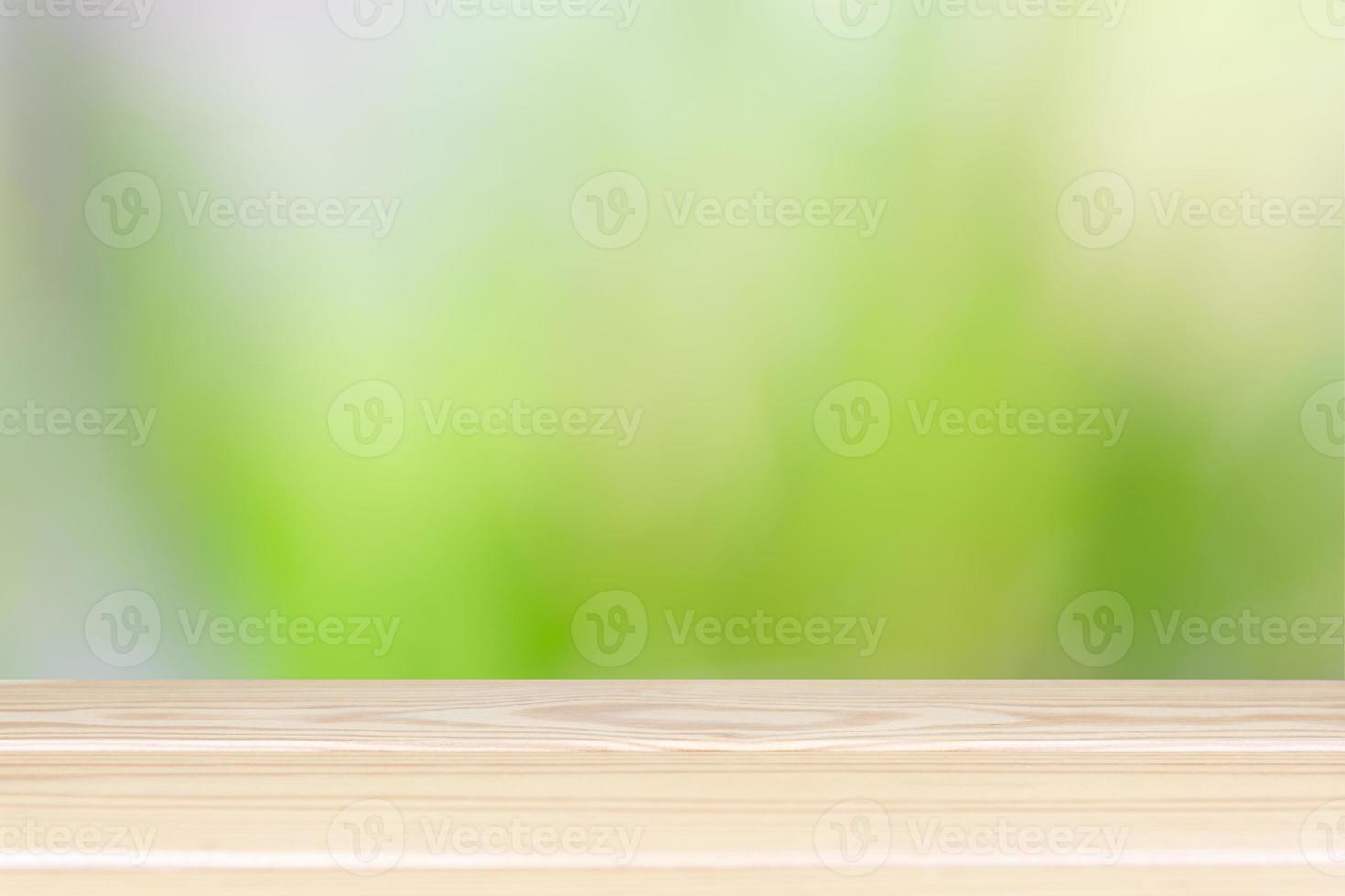 Wooden floor and sweet green light bokeh space background montage style, For place the product. photo