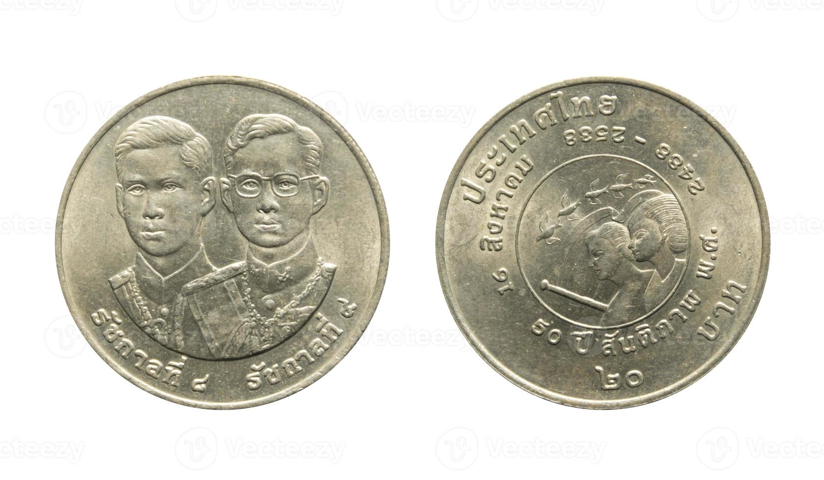 Ancient nickel coin twenty baht year 1945-1990, Back and front of Thailand with clipping path isolated on white background. photo