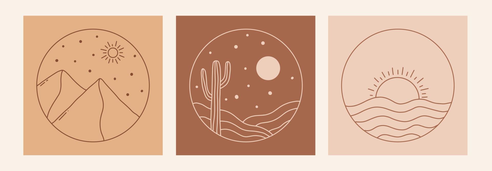 Boho mystic doodle esoteric set. Magic line art poster with moon, mountain, cactus. Bohemian modern vector illustration