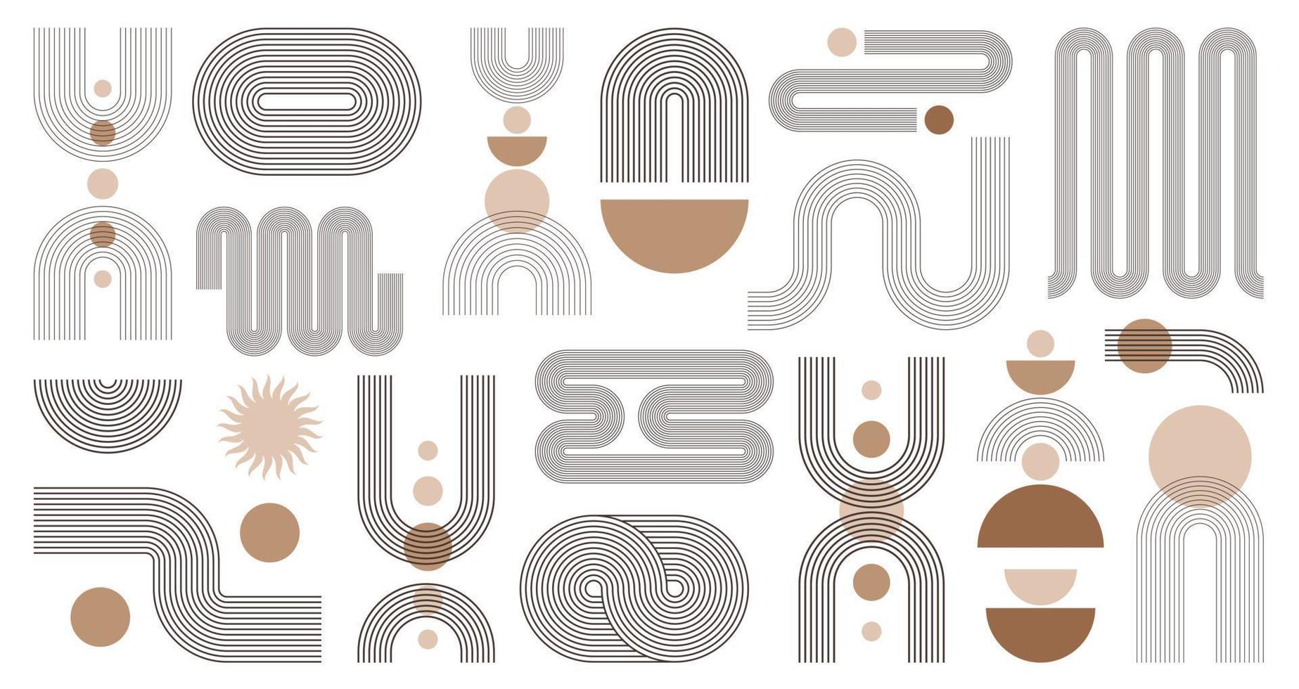 Conjunto de formas geométricas estéticas boho abstracto. Diseño contemporáneo de líneas de mediados de siglo con fases de sol y luna, estilo bohemio de moda. ilustración vectorial moderna vector