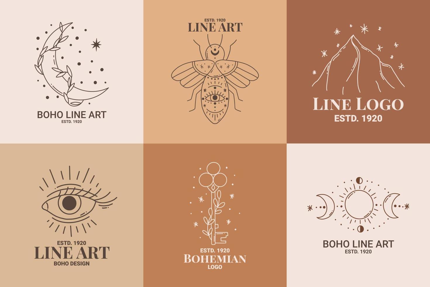 Boho mystic doodle esoteric logo set. Magic line art icon with moth, key, sun, eye, moon vector