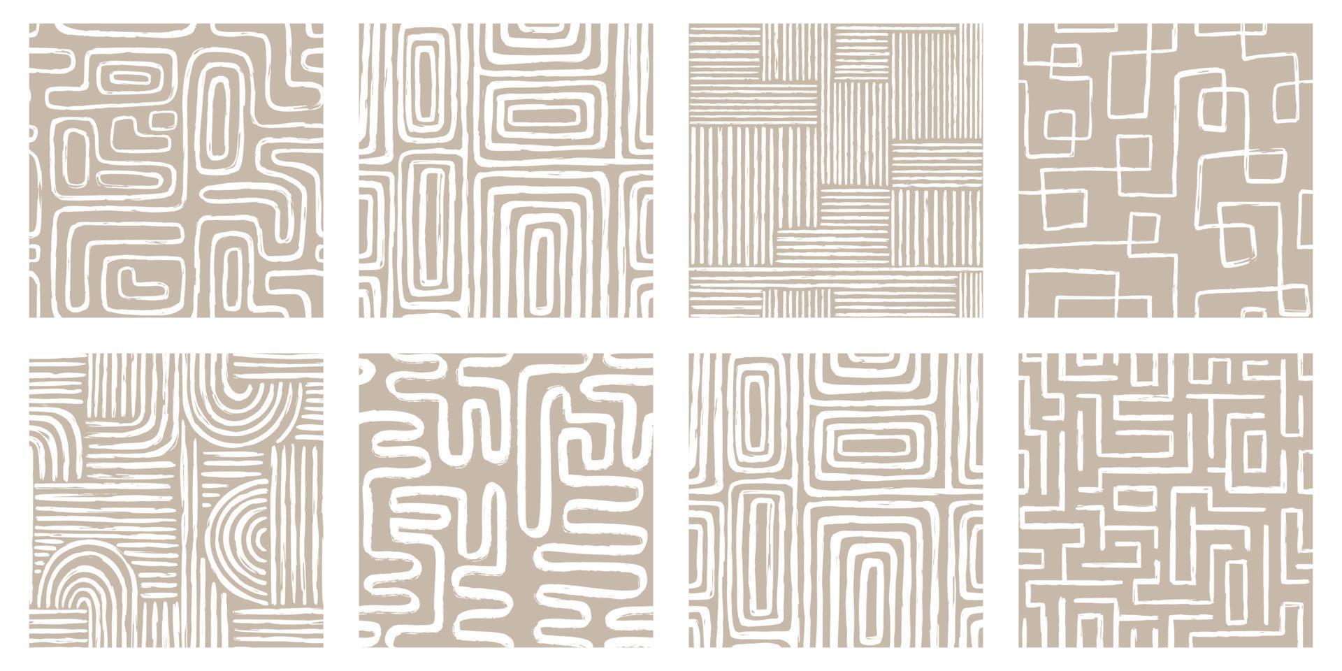 Establecer un patrón transparente imprimible contemporáneo estético con formas de trazo de pincel de línea abstracta y línea en colores nude. Fondo de boho pastel en pared de ilustración de vector de estilo minimalista de mediados de siglo