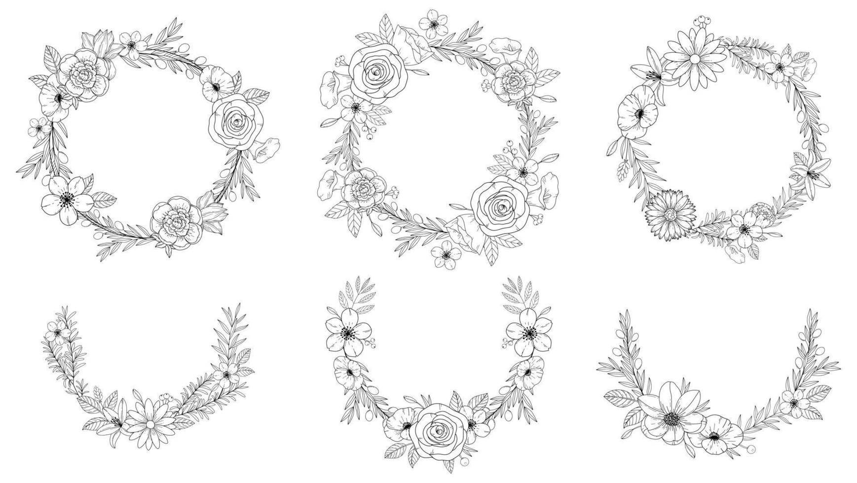 establecer una corona de flores y hojas de arte de línea elegante abstracta. silueta de arte de línea boho continua de ilustraciones florales vector