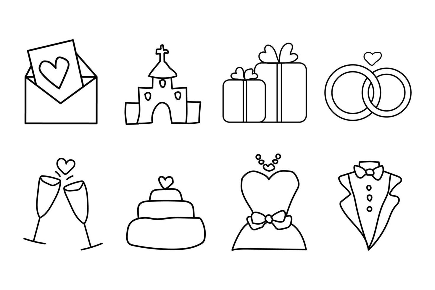 Doodle wedding icon set. Hand drawn sketch. Vector illustration.