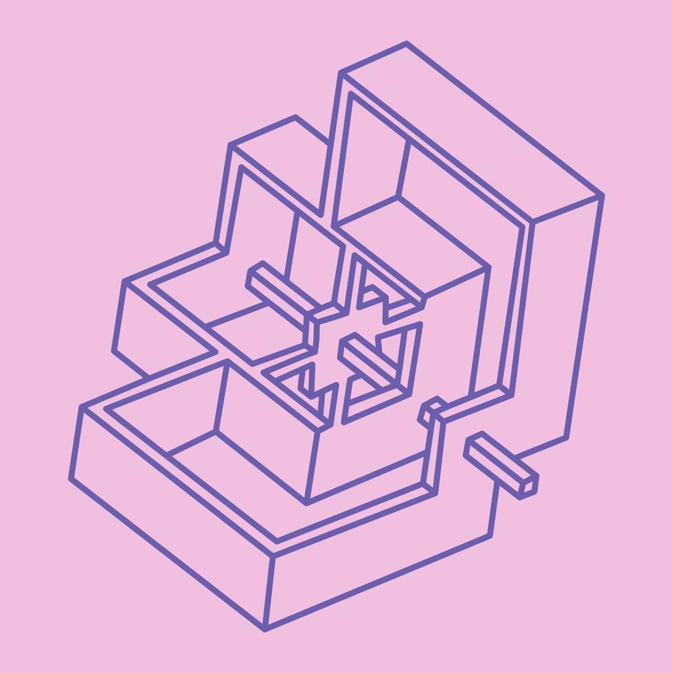 Impossible shapes. Sacred geometry. Optical illusion figures. Abstract eternal geometric object. Impossible geometry shape on a pink background. Optical art. vector