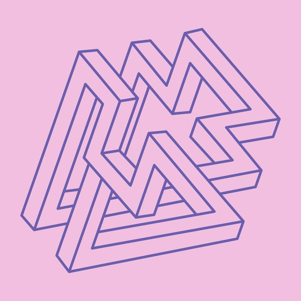 Impossible shape. Logo. Sacred geometry figure. Optical illusion. Abstract eternal geometric object. Impossible endless outline. Line art. Optical art. Impossible geometry shape on a pink background. vector
