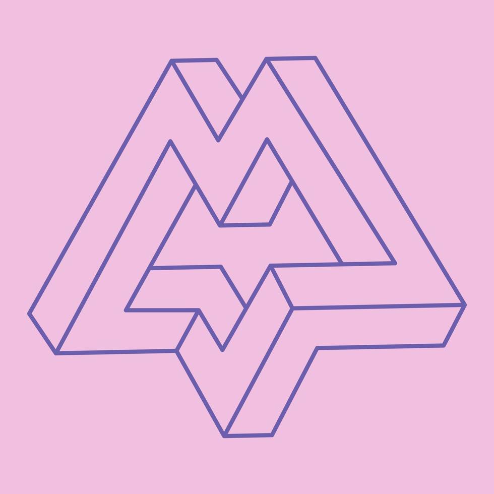 Impossible shapes. Sacred geometry logo. Optical illusion figures. Abstract eternal geometric objects. Impossible endless outline shapes. Optical art. Impossible geometry shape on a pink background. vector