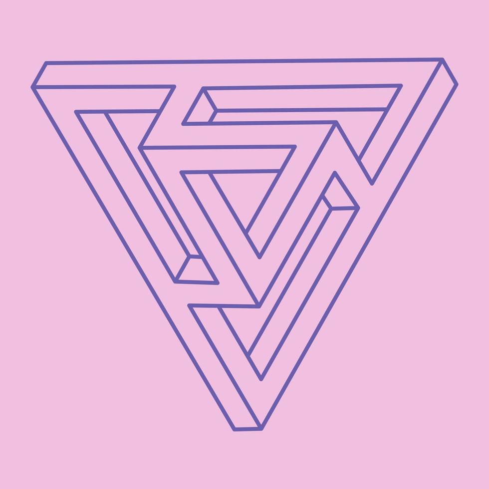 Impossible shapes. Sacred geometry. Optical illusion. Abstract eternal geometric object. Impossible endless outline triangle. Line art. Optical art. Impossible geometry shape on a pink background. vector