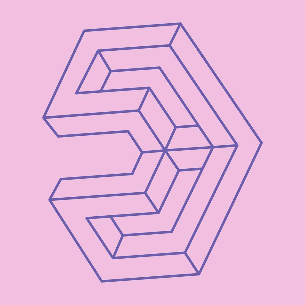 Impossible shapes. Sacred geometry figure. Optical illusion logo. Abstract eternal geometric object. Impossible endless outline. Line art. Optical art. Impossible geometry shape on a pink background. vector