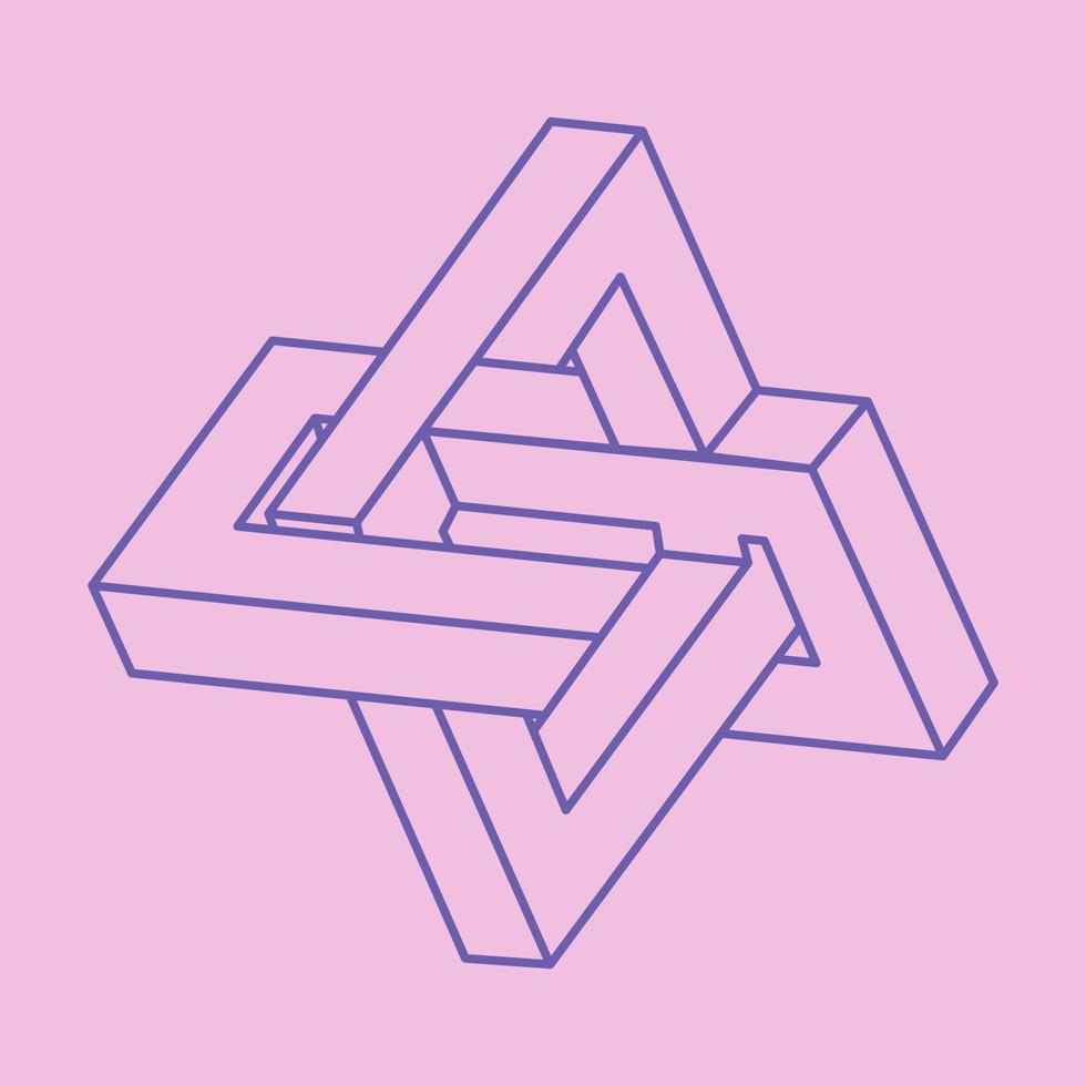 Optical illusion logo. Impossible shapes. Sacred geometry figures. Abstract eternal geometric objects. Impossible endless outline shapes. Optical art. Impossible geometry shape on a pink background. vector
