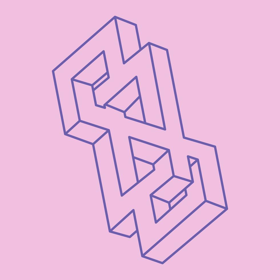 Impossible shapes. Sacred geometry figures. Optical illusion. Abstract eternal geometric object. Impossible endless outline. Line art. Optical art. Impossible geometry shape on a pink background. vector
