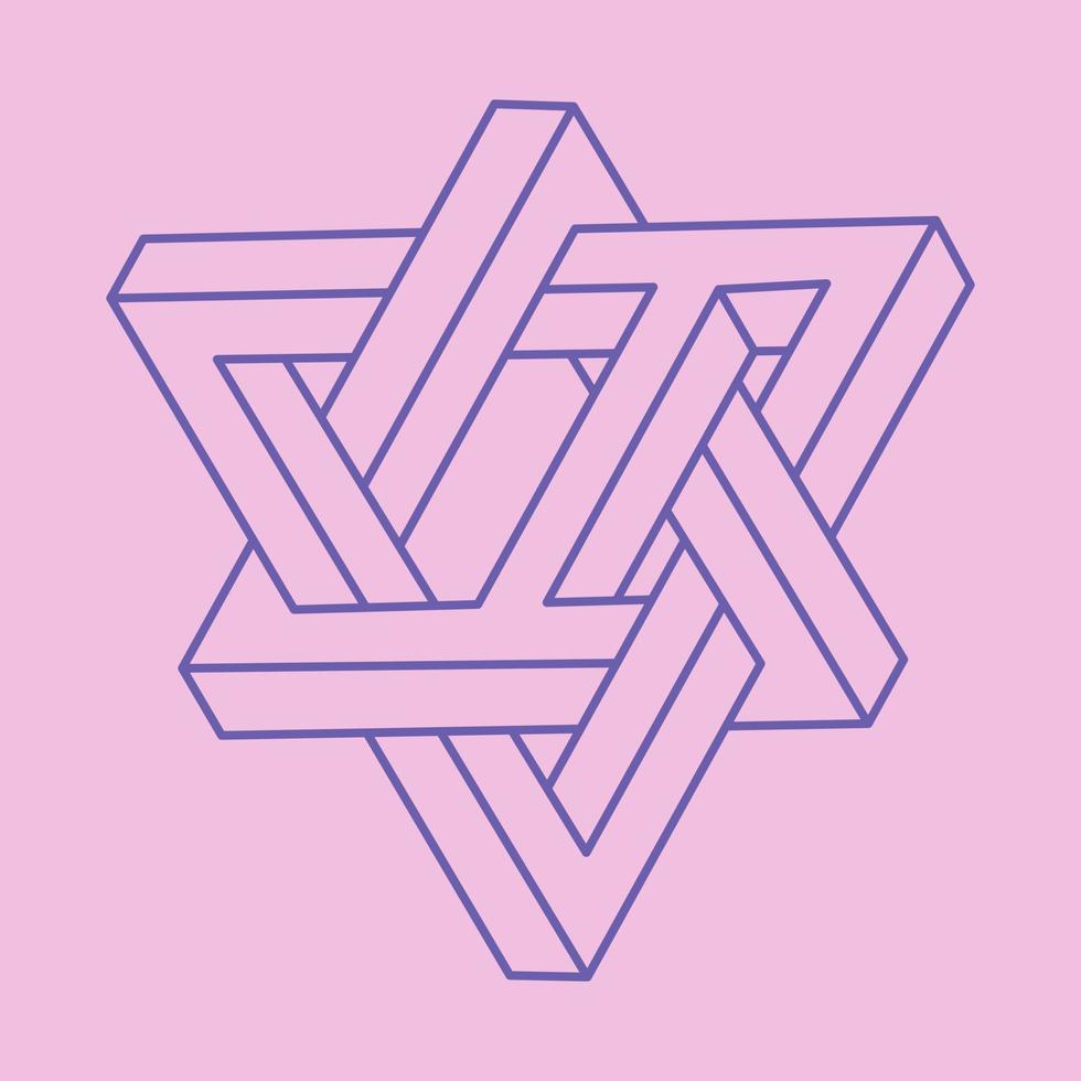 Impossible shapes. Abstract background. Sacred geometry logo. Optical illusion triangles. Abstract eternal geometric objects. Op art. Impossible geometry symbol on a pink background. Line art pattern. vector