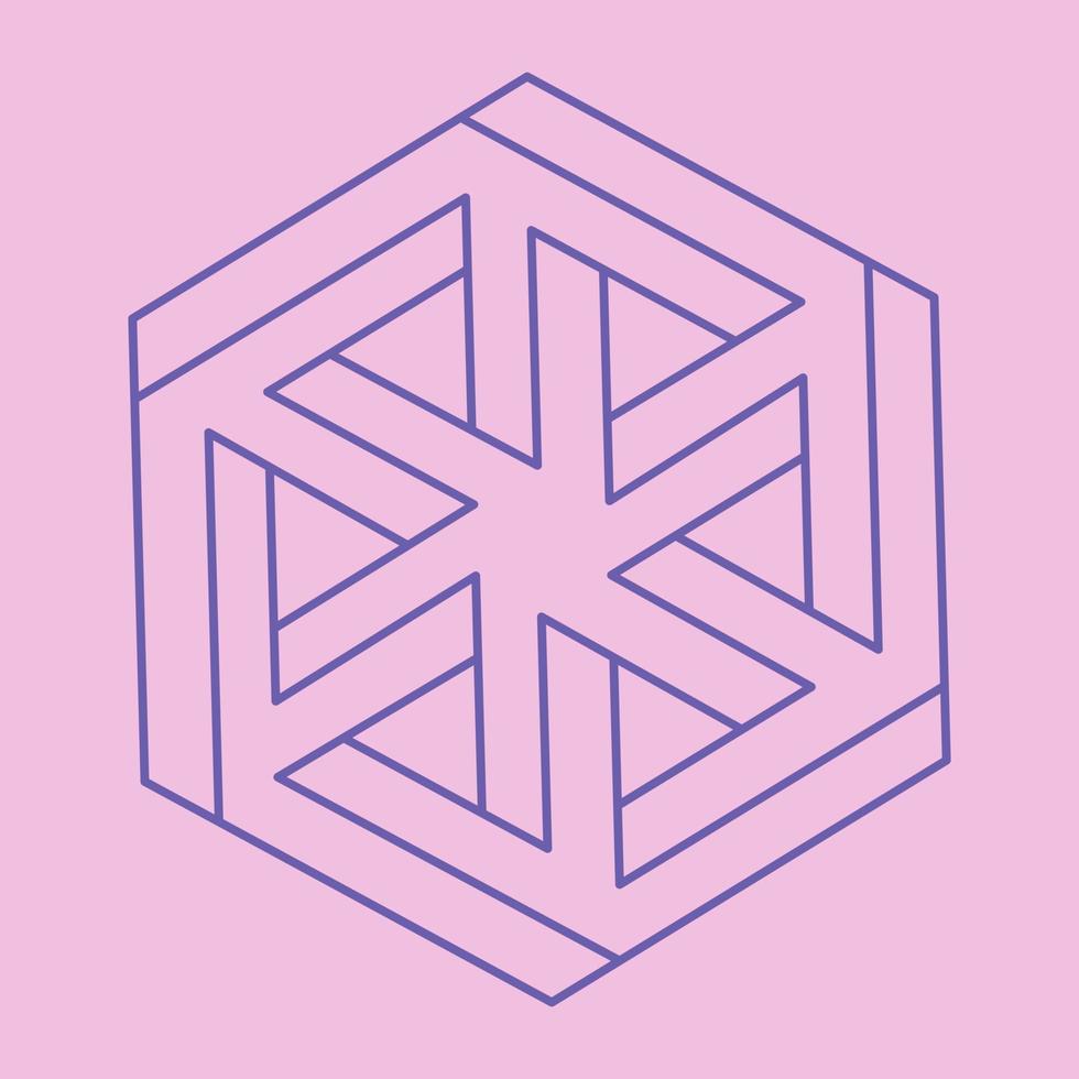 Impossible shapes. Sacred geometry. Optical illusion logo. Abstract eternal geometric objects. Optical art. Impossible geometry symbol on a pink background. Line art. vector