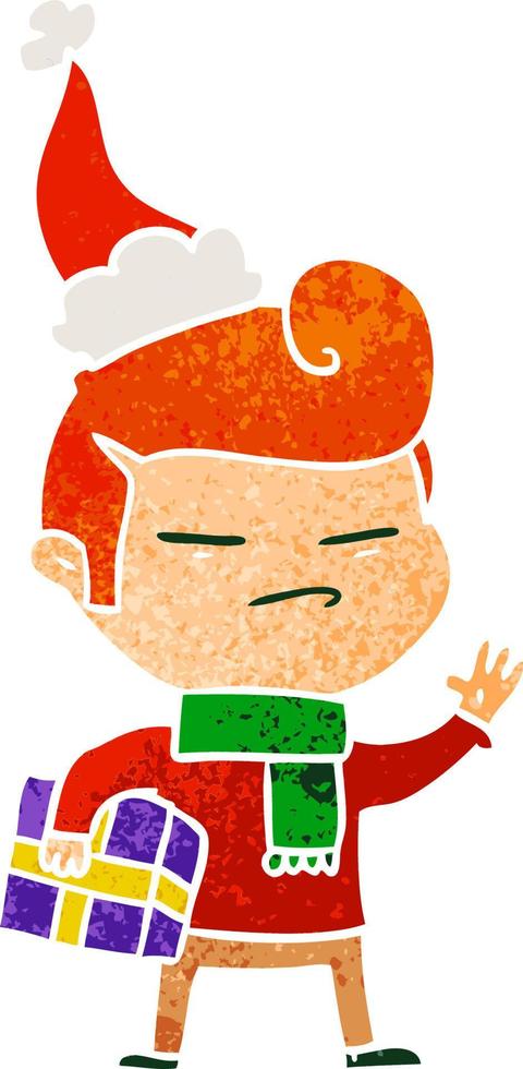 retro cartoon of a cool guy with fashion hair cut wearing santa hat vector