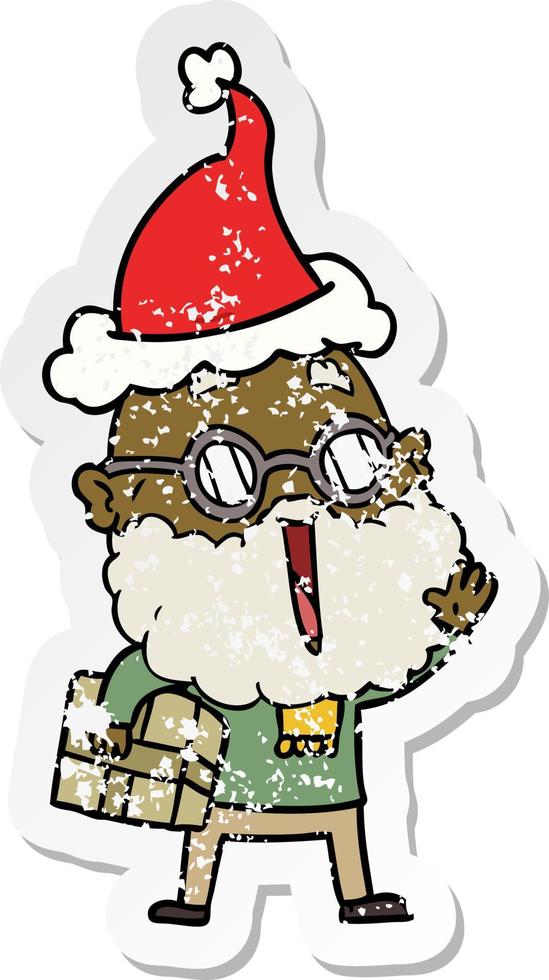 distressed sticker cartoon of a joyful man with beard and parcel under arm wearing santa hat vector