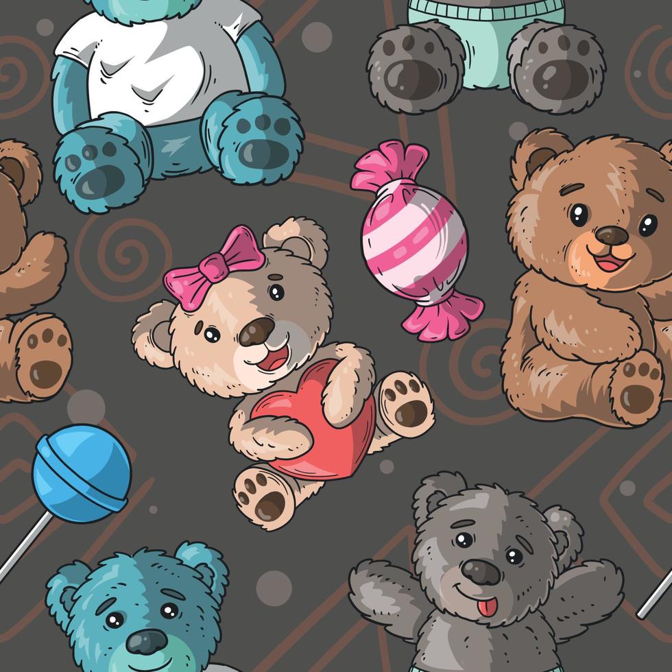 lindo oso de peluche y dulces sin costuras vector