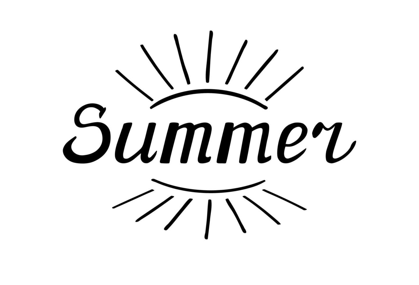 Handdrawn vector lettering composition. Summer word with the sun and rayns. Isolated black letters on white background.