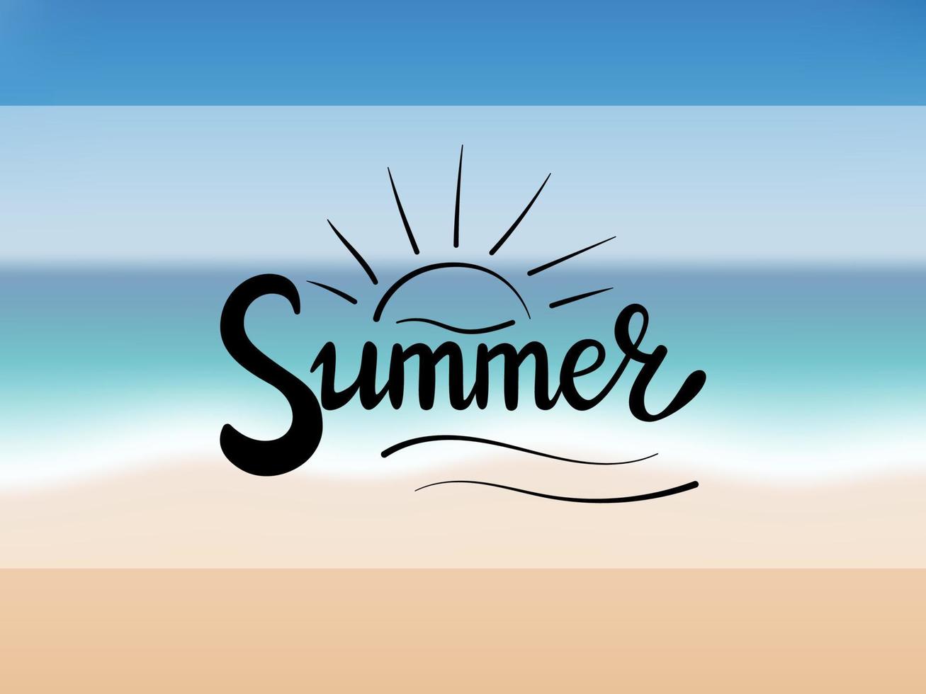 Vector summer lettering with sun and waves lineart. Isolated on the light background. Vector blur beach backdrop. Sea, sand, sky