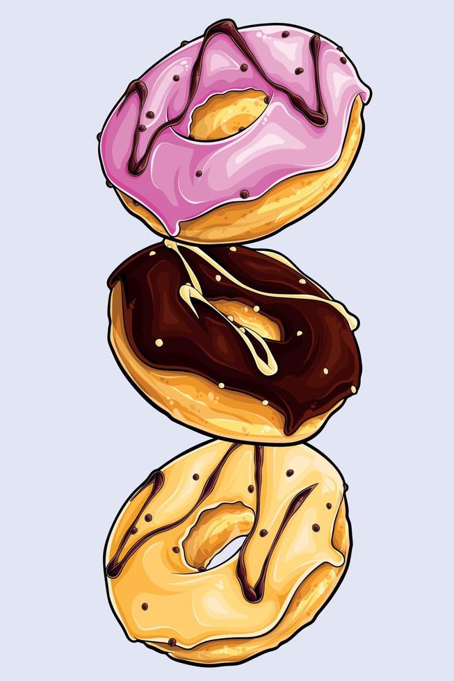 Sweet donuts flying in motion, cartoon vector on blue background