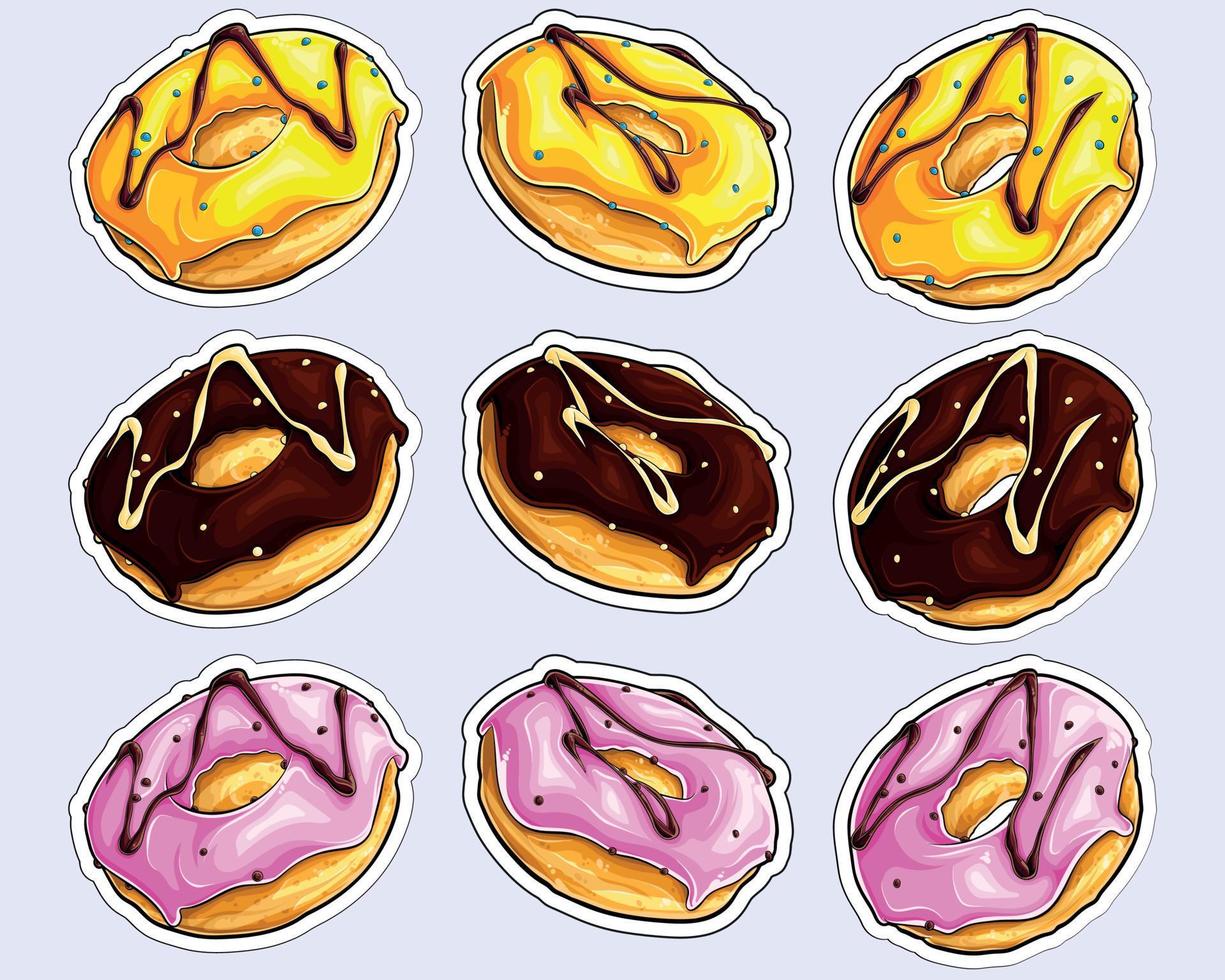 donuts de color rosa, amarillo y chocolate, pegatinas en estilo de dibujos animados con contorno vector