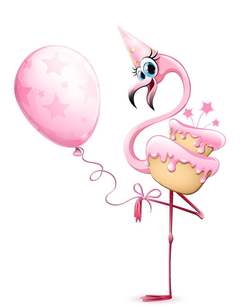 Flamingo with pink cake, balloon and birthday cap vector