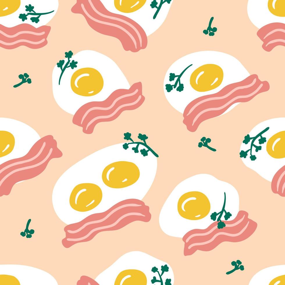 Fried eggs with bacon slices and parsley greens seamless pattern. vector