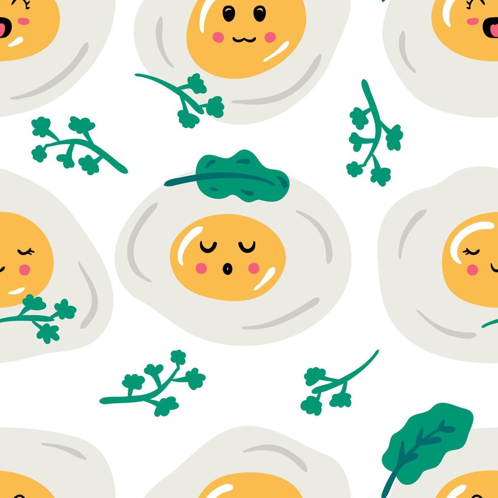 Fried eggs and parsley greens seamless pattern. Cute characters print for nursery and baby fashion. vector