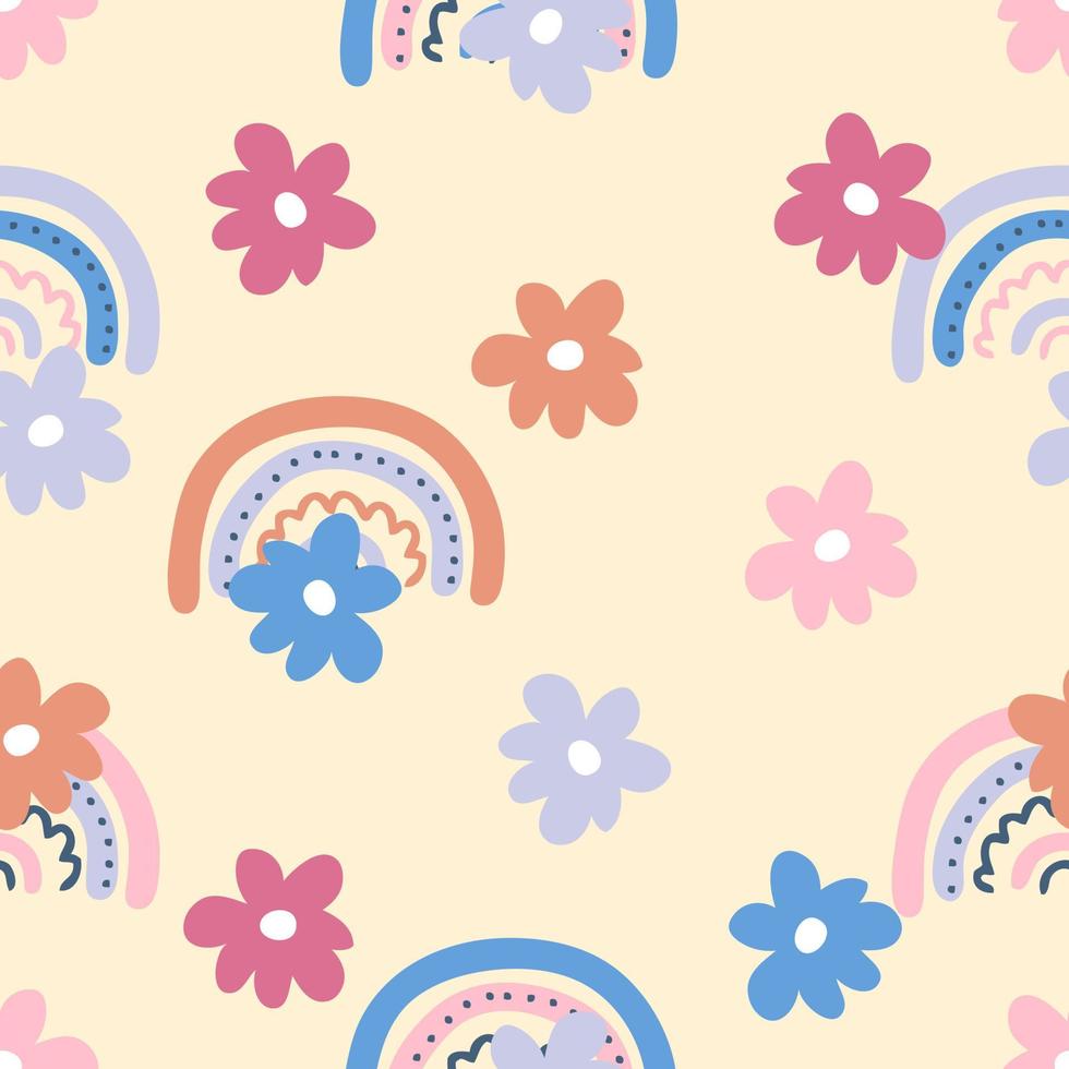 Boho aesthetic seamless pattern with flowers and rainbows. vector