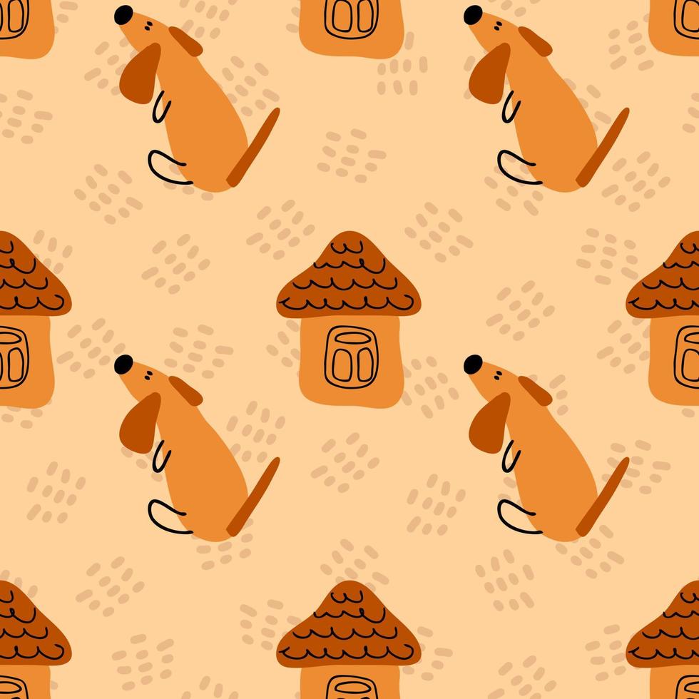 Hand drawn childish seamless pattern with puppy waiting home. vector