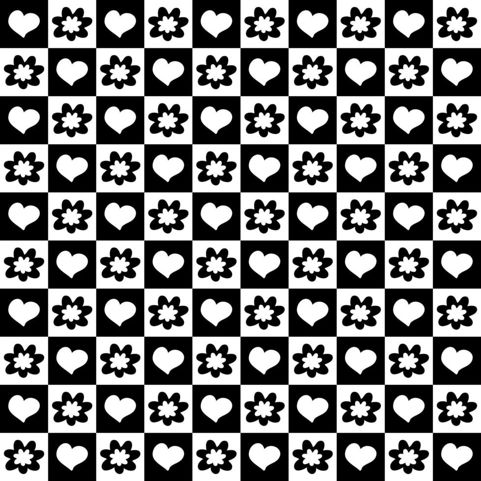 Monochrome flowers and hearts seamless pattern. vector