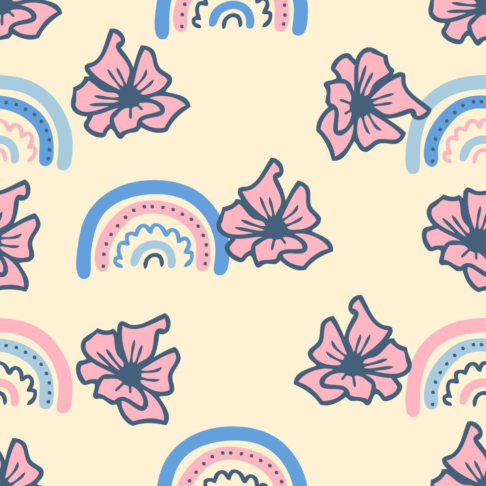 Hippie aesthetic seamless pattern with flowers and rainbows. vector