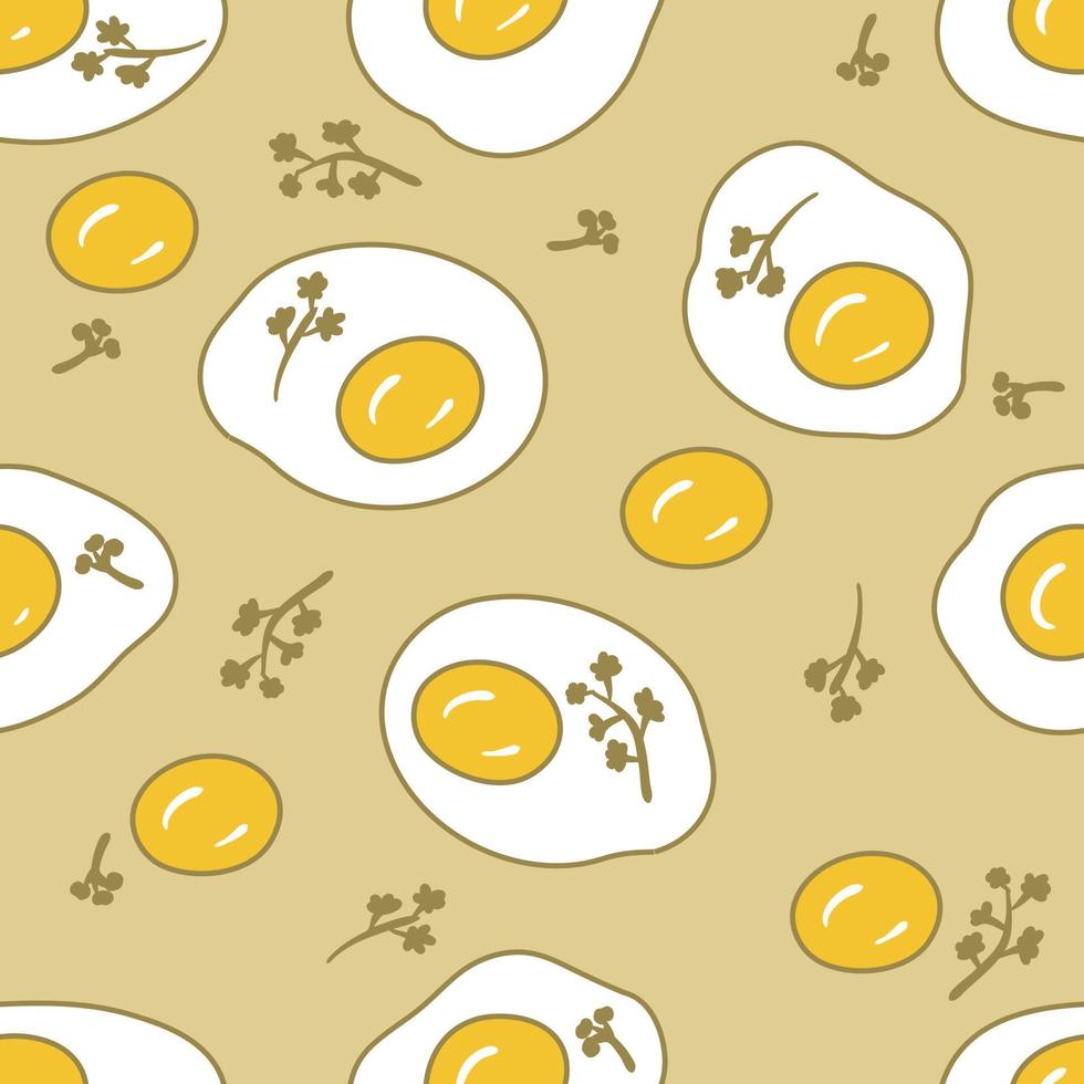 Doodle seamless pattern with fried eggs and parsley greens. vector